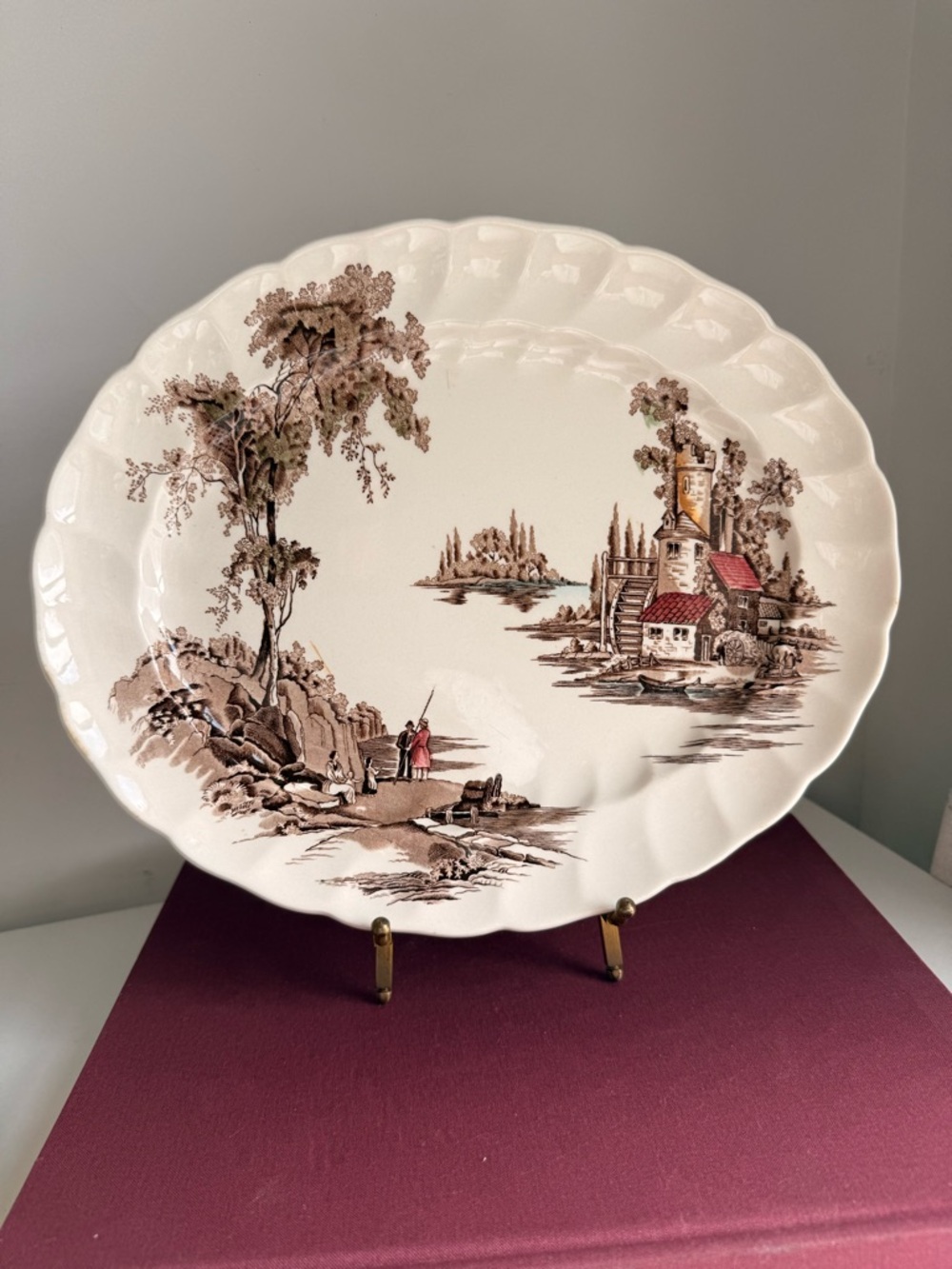 Scalloped Ceramic Platter with Scenic Transferware Design